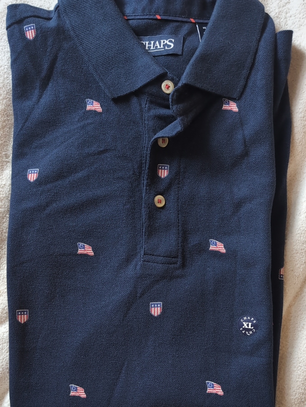 CHAPS Men's Short Sleeve Navy Blue Polo Shirt Featuring Flags & Shields - Size X